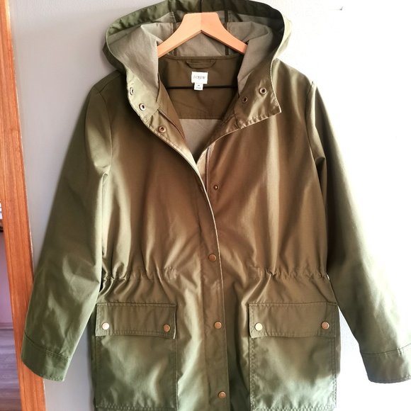 J Crew Olive Green Waxed Cotton Hooded Field Jacket Anorak Size Merium - Picture 1 of 6